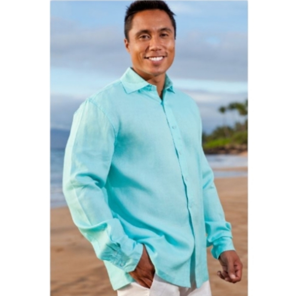 Island Importer Linen Amalfi Button Front Shirt Blue Collared Top Long Sleeve